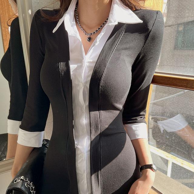 제이진 카라 단추 미니 원피스