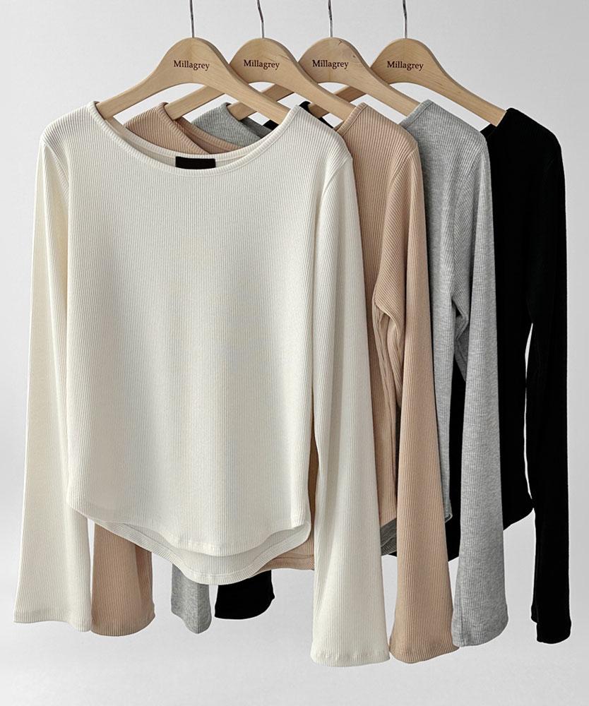 밀라그레이 보트넥 골지 기본 기모 이너 긴팔 티