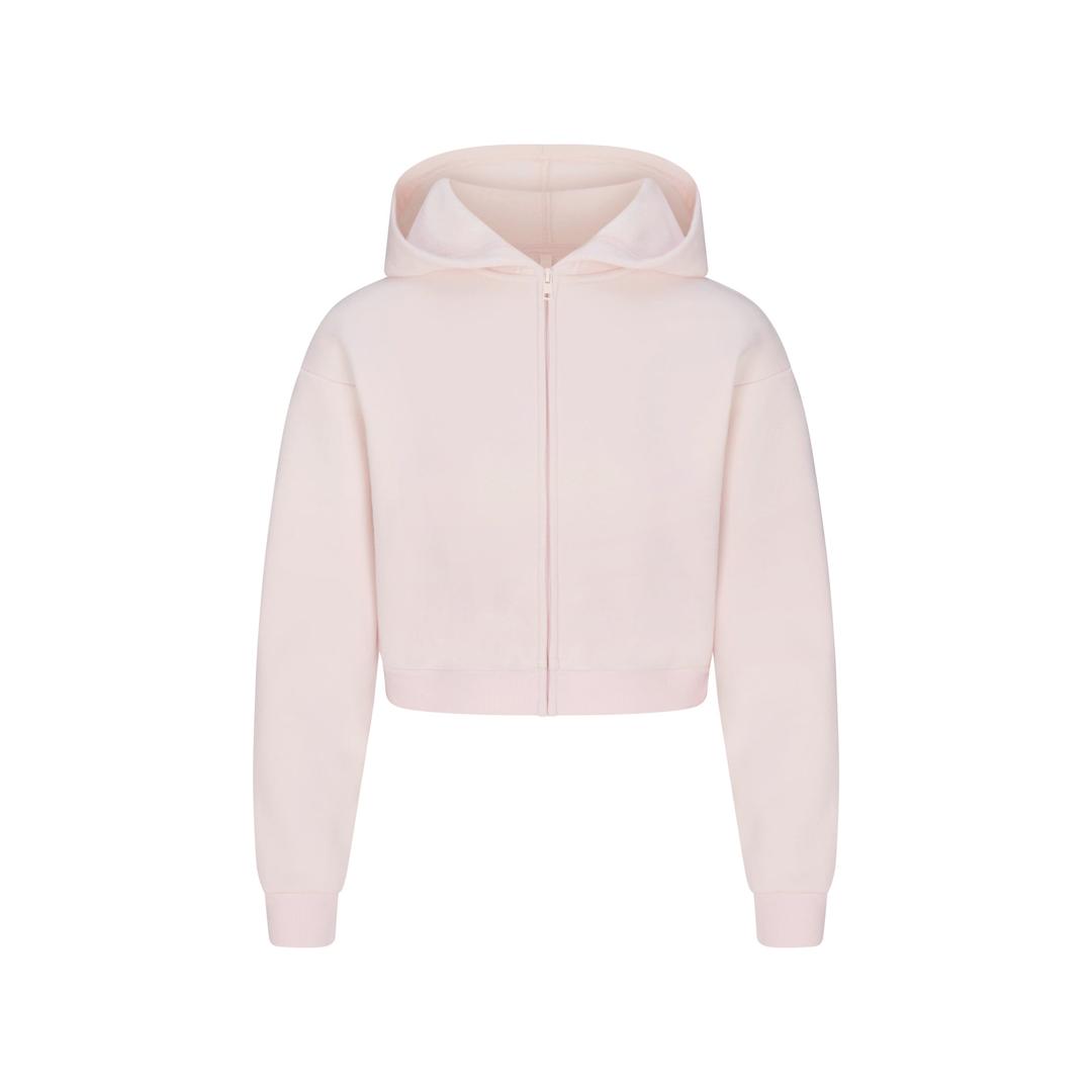COTTON FLEECE SHRUNKEN ZIP UP HOODIE | BARELY PINK