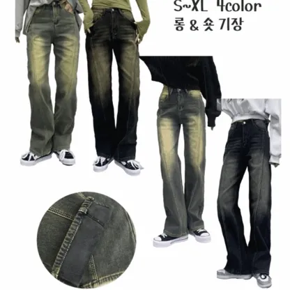 [신상 할인5%/롱＆숏 / 2단기장 /4가지컬러] 융기모선택 절개라인 빈티지 유니크 와이드 데님 팬츠 청바지
