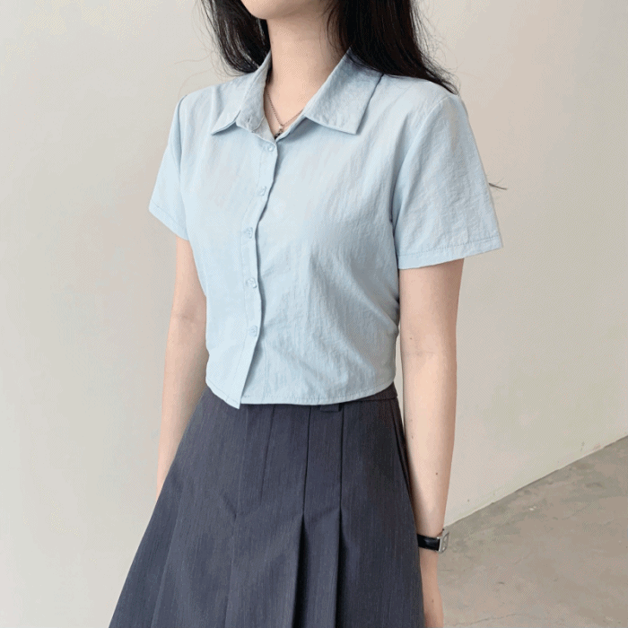 [뒷밴딩,핏이쁨]허리잘록 크롭 반팔 셔츠 블라우스-3color