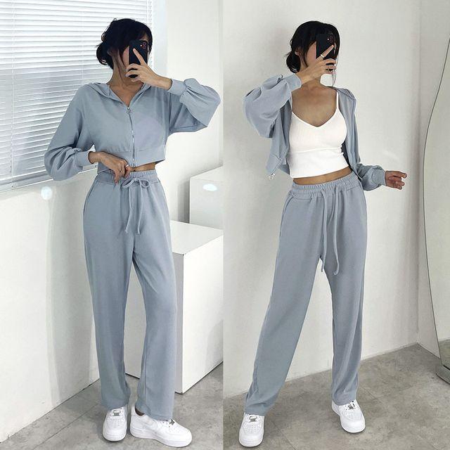 [세트가격] 데일리 세미크롭 후드집업 츄리닝 밴딩팬츠세트 투피스 트레이닝복 자켓바지세트 -BPST0026- 빅사이즈 루즈핏 오버핏 여름