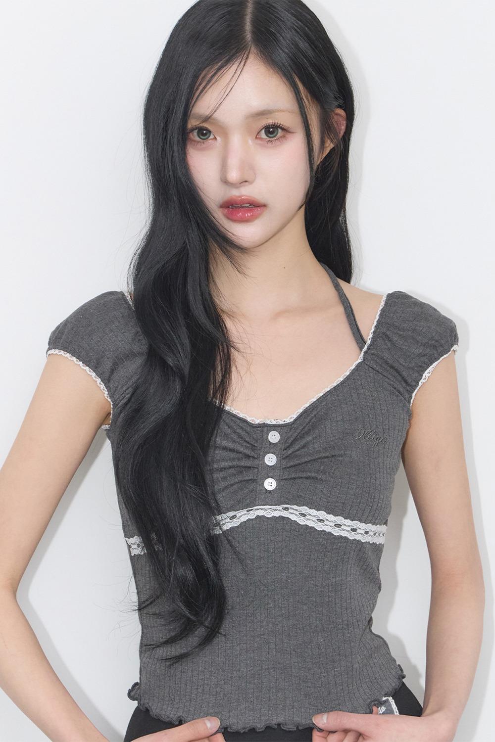 버튼 홀터 슬리브리스 차콜