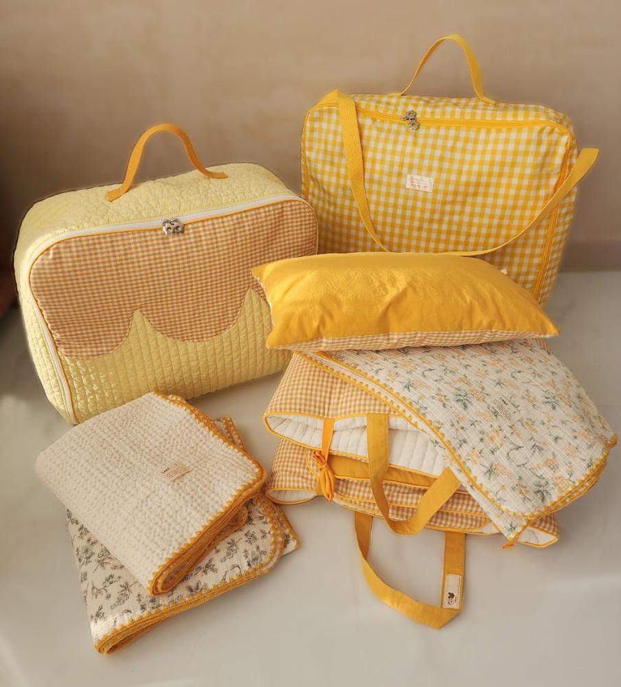 물결낮잠세트 머스타드 사계절 낮잠패드 블랭킷 이불가방