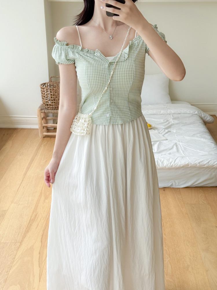 (소매밴딩) 퍼프 체크 프릴 블라우스