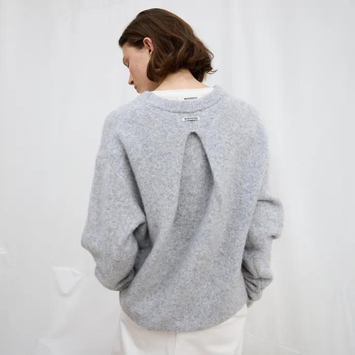 Pleats-Back Wool Round Knit - Melange Grey