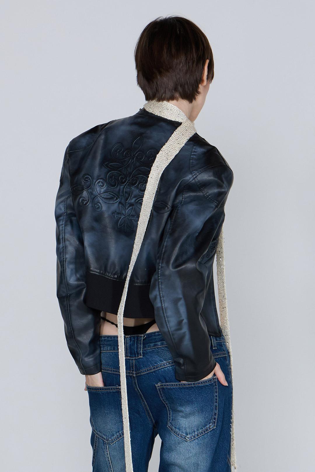 Emboss Faux Leather Bomber Black