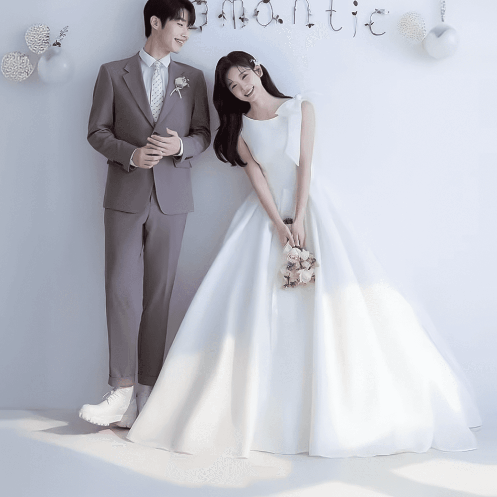 사운즈 민소매 리본 오간자 화이트웨딩드레스 셀프웨딩 연주회 2부드레스 야외촬영