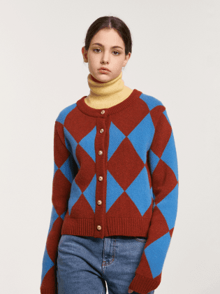 Diamond Checkboard Cardigan_Blue+Brown