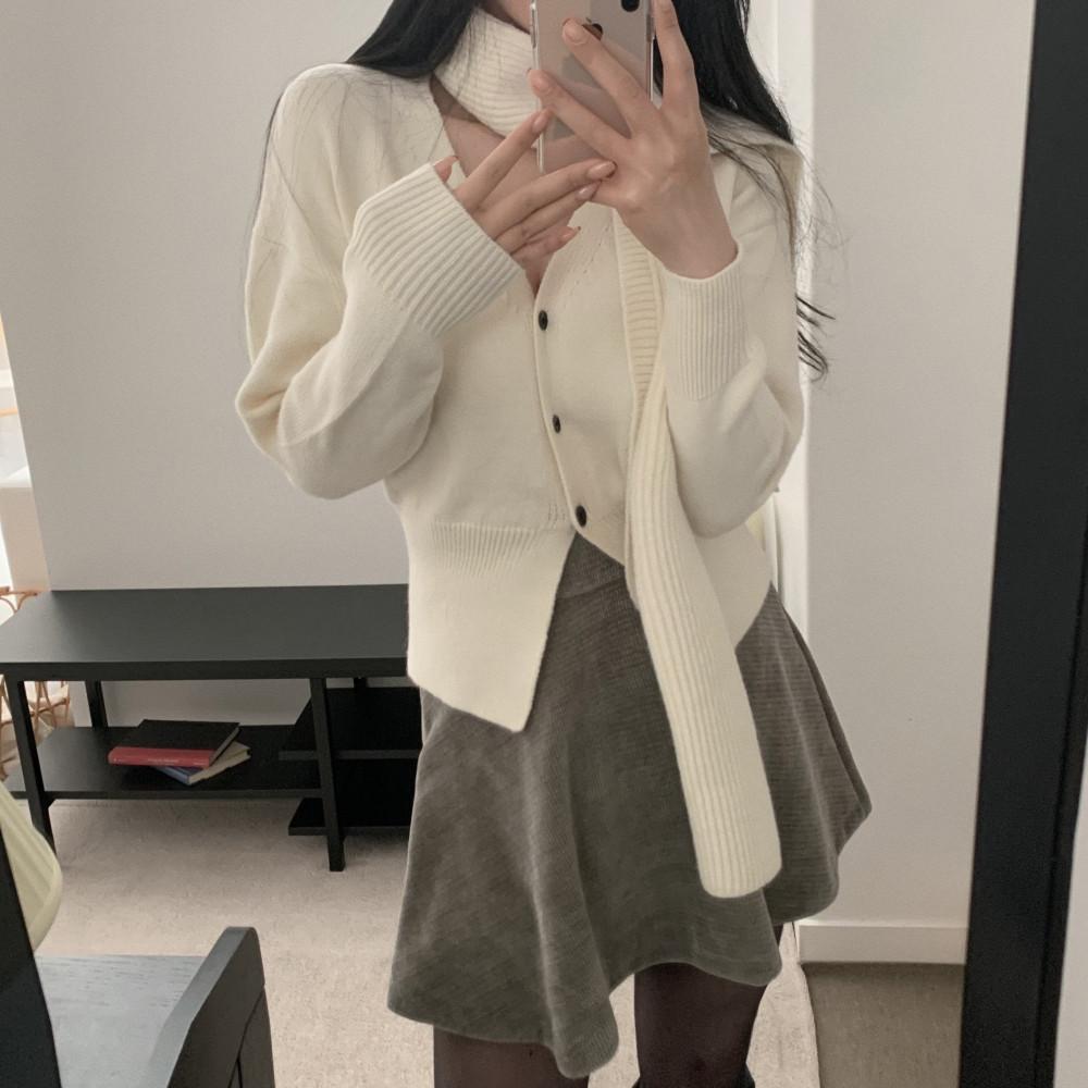 여성 브이 트임 목도리 세트 크롭 가디건