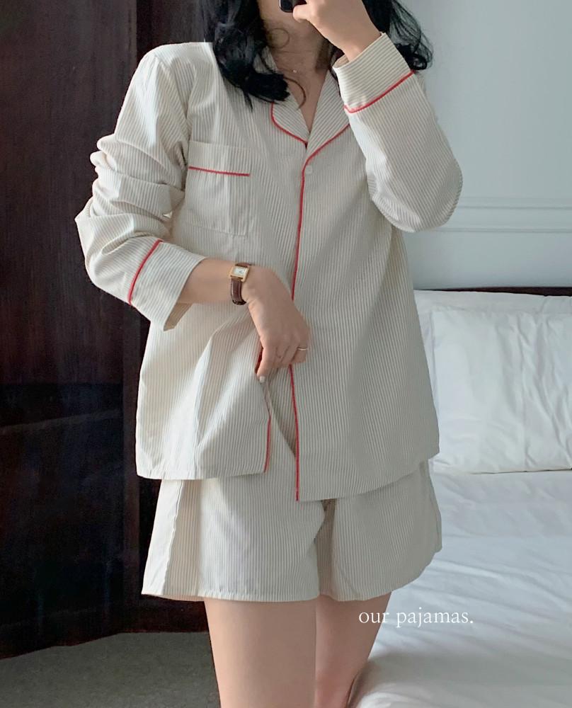 긴팔반바지잠옷 스트라이프 남자친구잠옷 시어서커셔츠 감성파자마