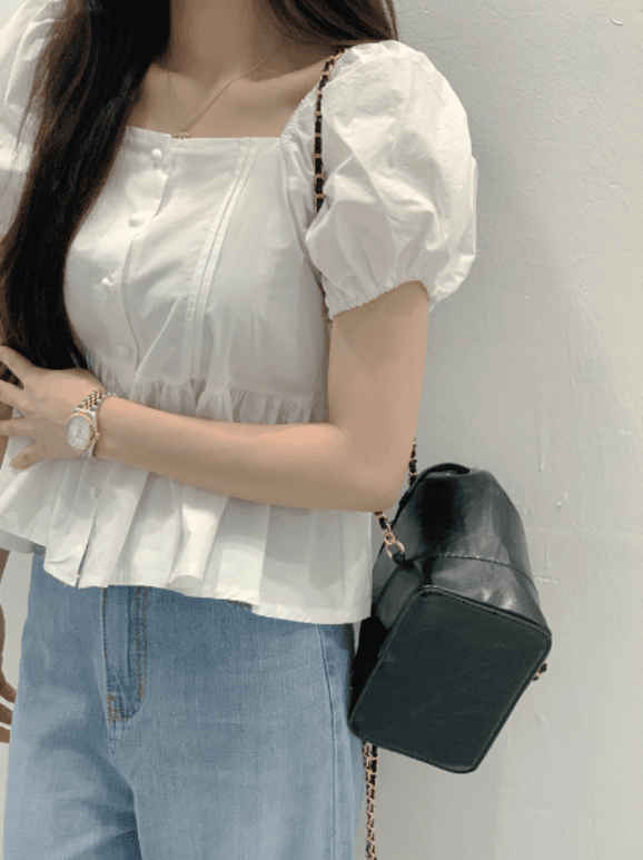 *인기반팔버전*퓨어리 스퀘어넥 퍼프 프릴 레이스 블라우스 2color