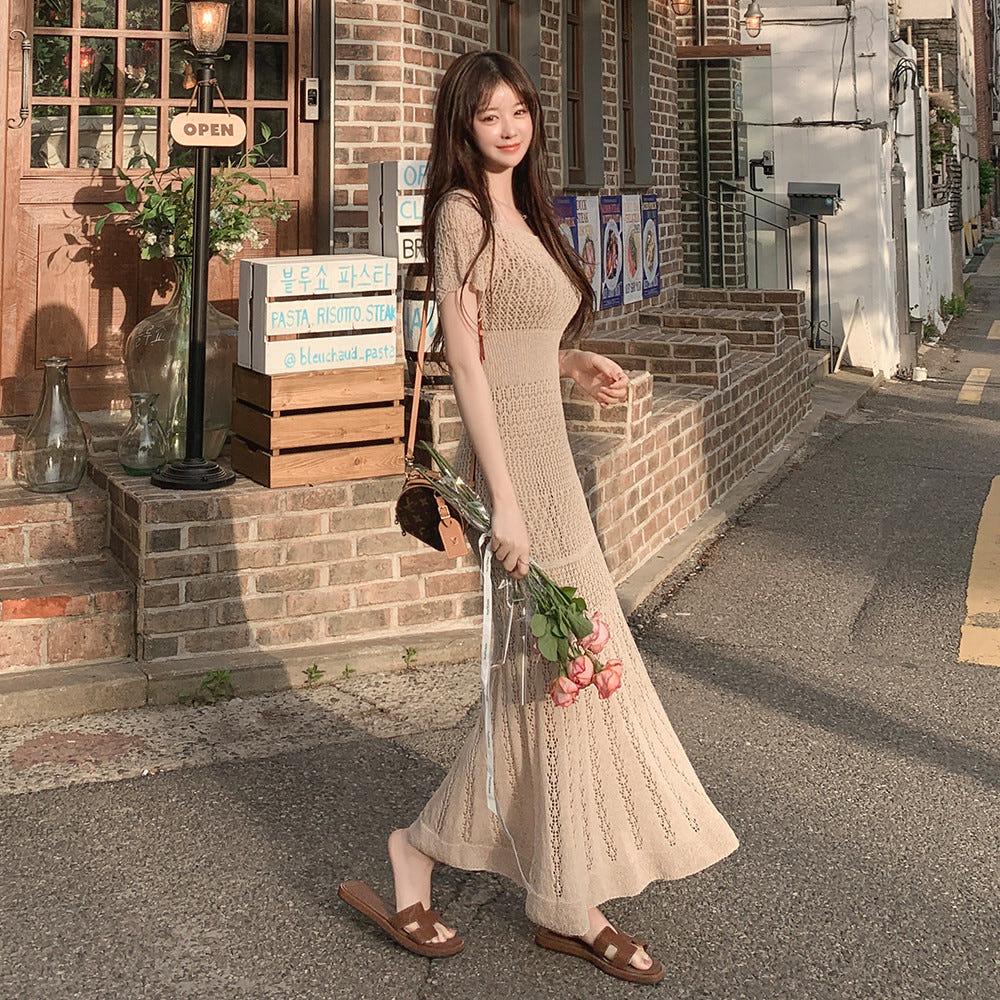 썸머 펀칭 니트 시스루 그물 반팔 롱 원피스