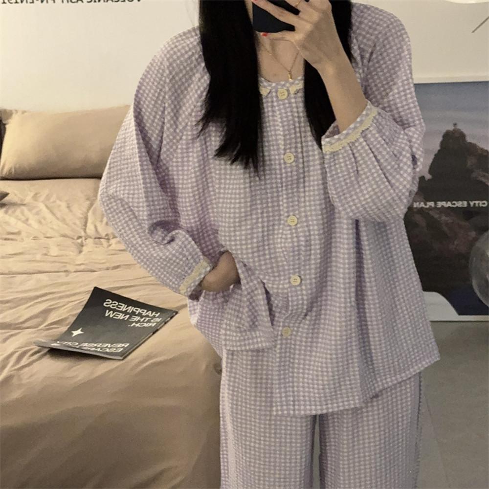 [당일출고 / 소량입고] 긴팔 스윗 체크 지짐이 투피스 파자마 세트 - 퍼플