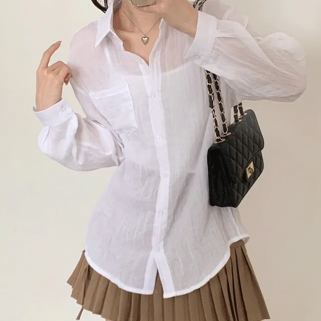 [16 color/루즈핏] 아론 시스루 거즈 남방 / 긴팔 여리여리 살랑살랑 링클 롤업 파스텔 바캉스 휴가 피크닉 나들이 간절기 여름긴팔 베이직