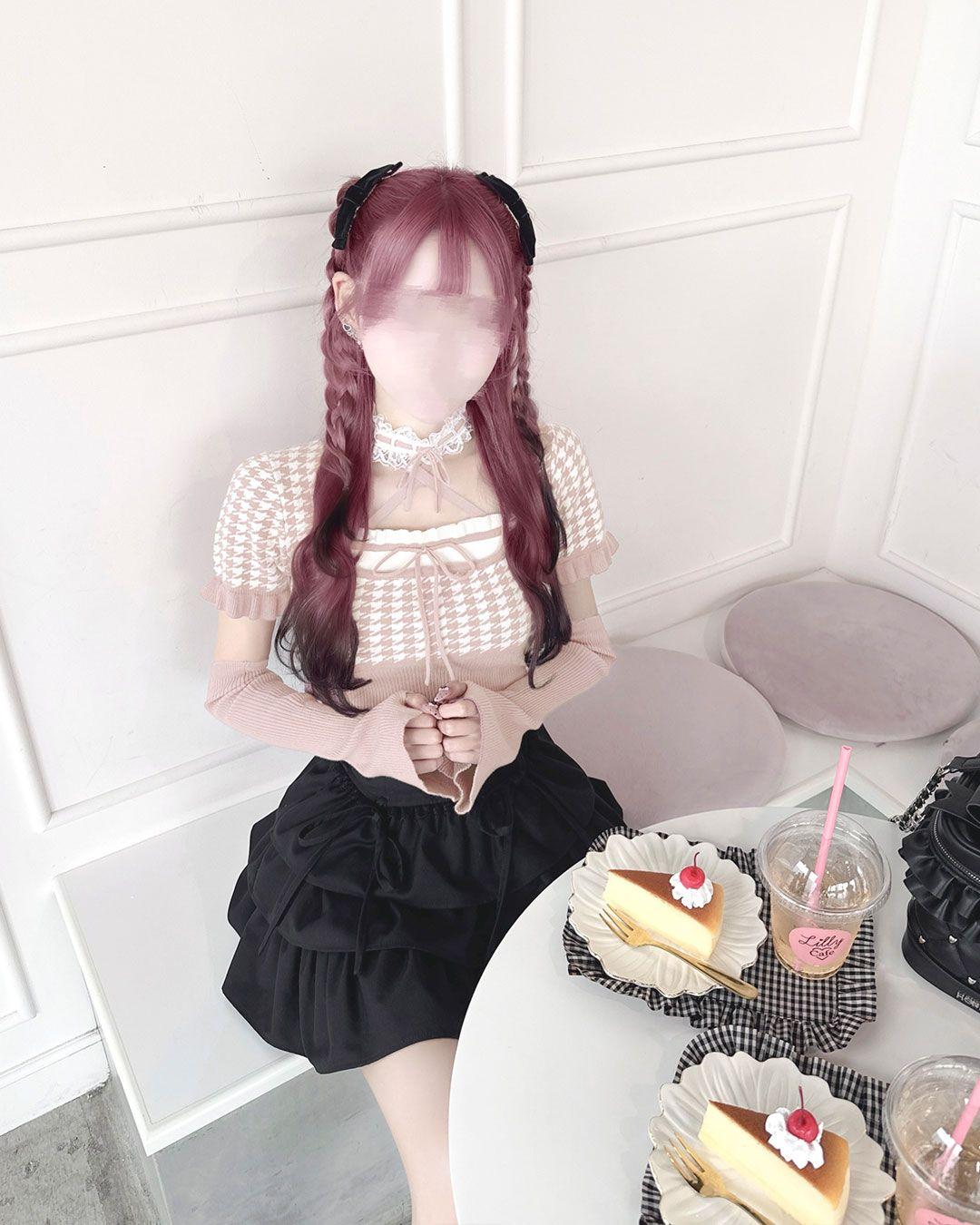 レースチョーカー付き千鳥柄トップス ピンク | ファッション通販＆メディアMyColor ～マイカラー～