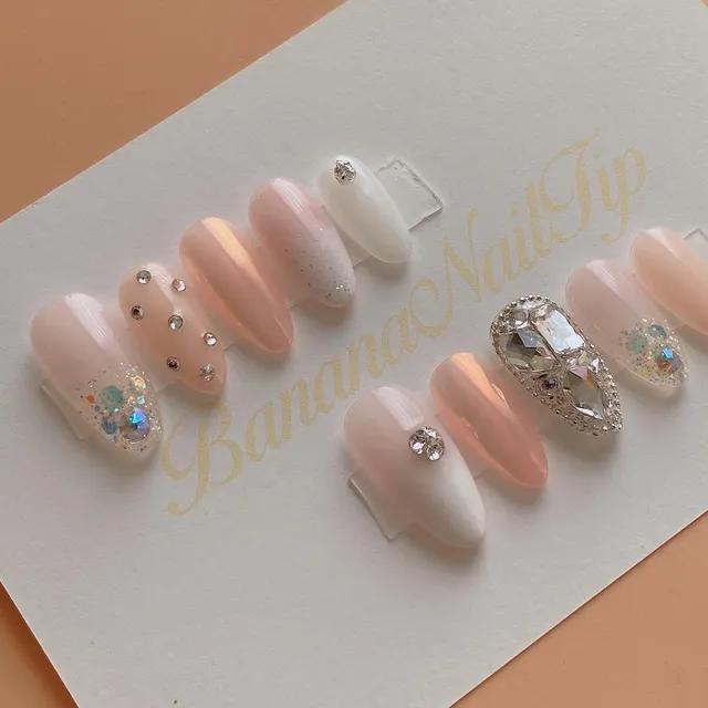 가을석양🌆 스킨 크리스탈 포인트 수제네일팁💎✨🤍