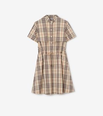 체크 코튼 드레스 (아몬드 베이지) - 여성, 면 | 공식 Burberry®