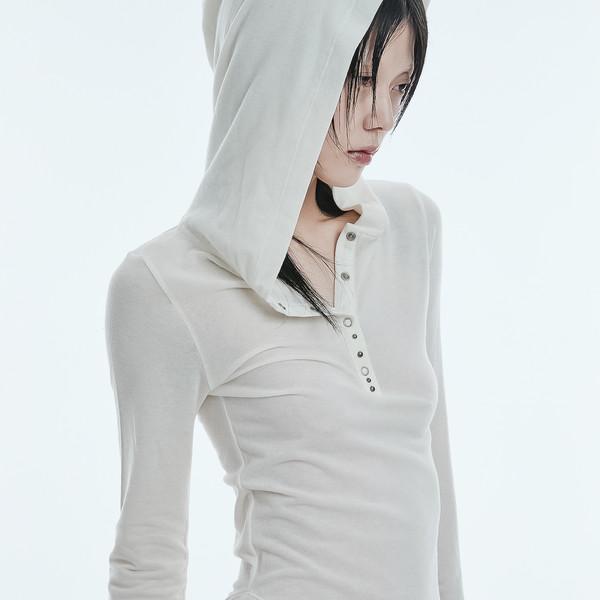 Metal stud hooded long sleeve knit top ivory