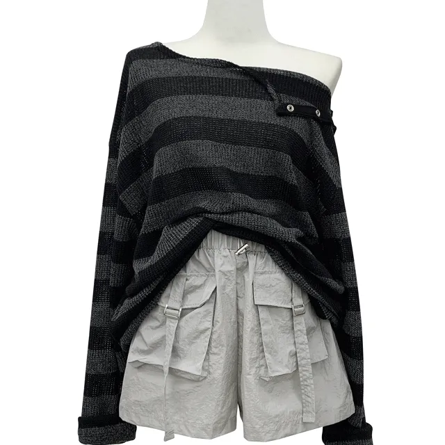 버튼 단가라 오버핏 시스루 스트라이프 와플 니트