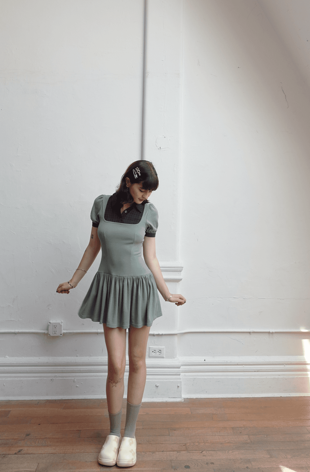 코튼.모달.스판) plaid puff-sleeve button-up dress-khaki/navy