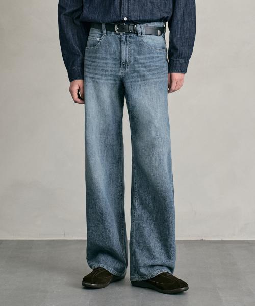 Linen Like Mid Rise Wide Jeans DCPT039MidBlueB