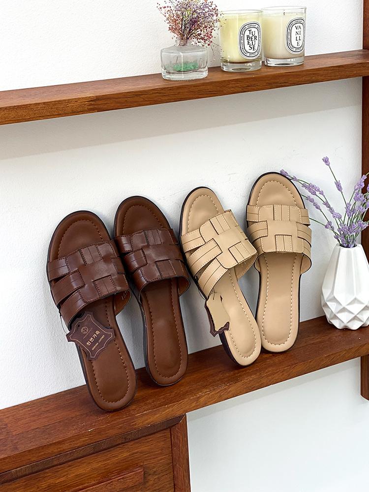 천연소가죽 베니 위빙 스트랩 쿠션 몰드 슬리퍼