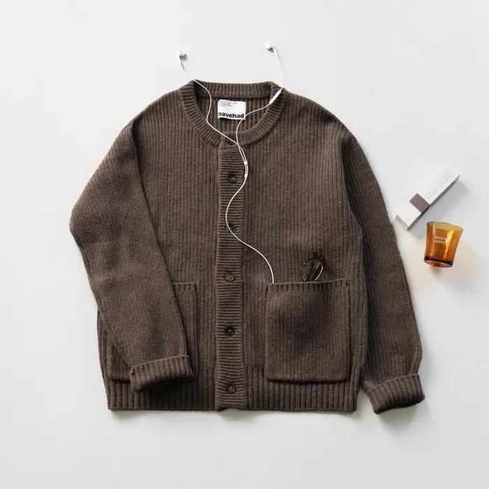 Fine Wool Roundneck Cardigan (Brown)
