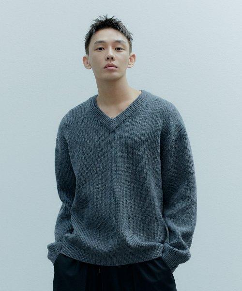 램스울 리브드 브이 넥 니트 [미디엄 그레이]