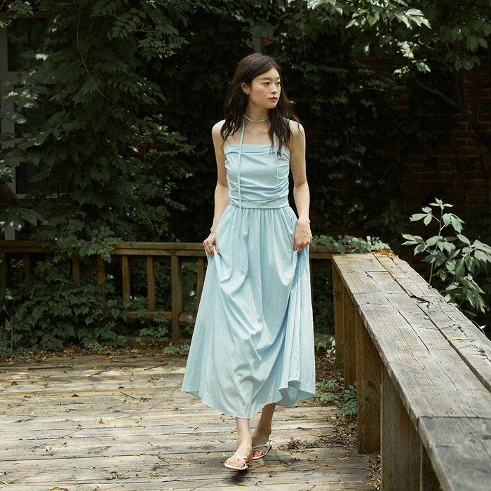 Jelli shirring choker long dress - paleblue