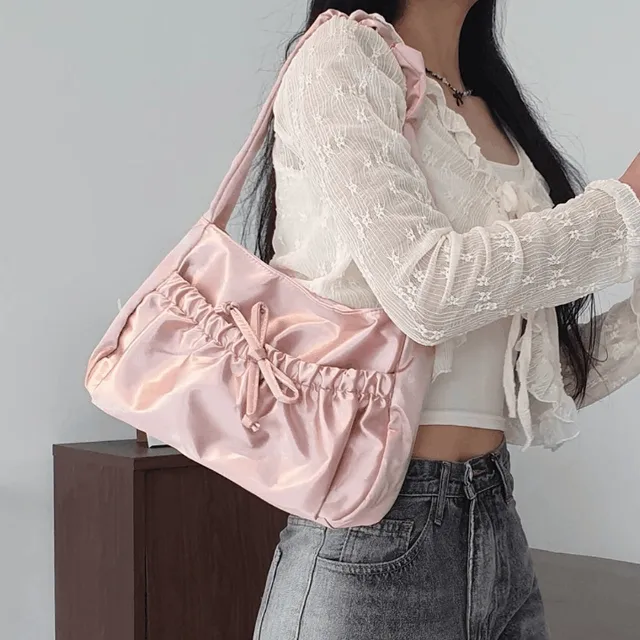 [4color/빠른출발] 리본 셔링 주름 스퀘어 숄더백