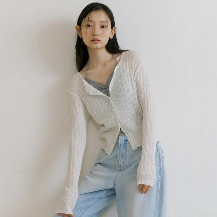 linen blended ribbed knit cardigan-ivory