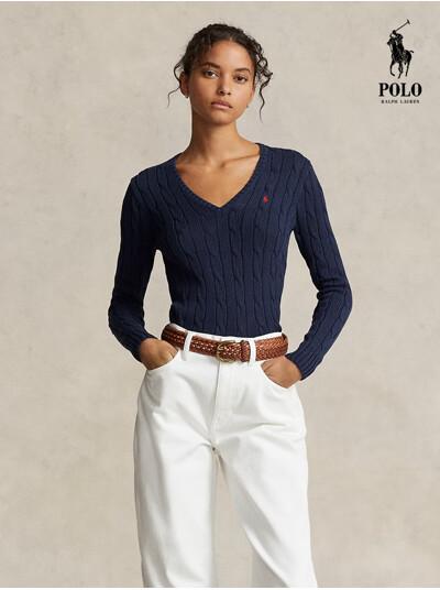 여성 브이넥 코튼 케이블 긴팔 꽈배기 니트 (3color)