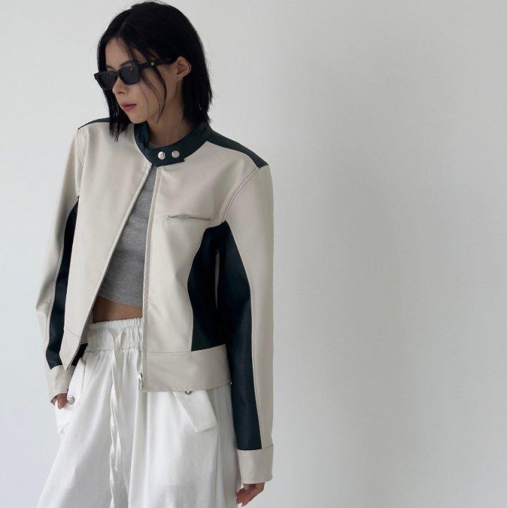 배색 레더 라이더자켓