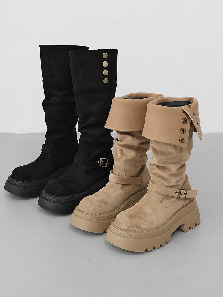 잇슈 기로샤 2way 스웨이드 폴딩 둥근코 앵클 스트랩 접어신는 스냅버튼 워커 통굽 롱부츠(6.5cm)