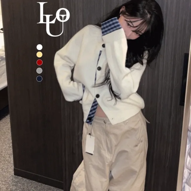 [💕10% 쿠폰] [데일리/투웨이🖤] 체크 나그랑 배색 가디건 니트