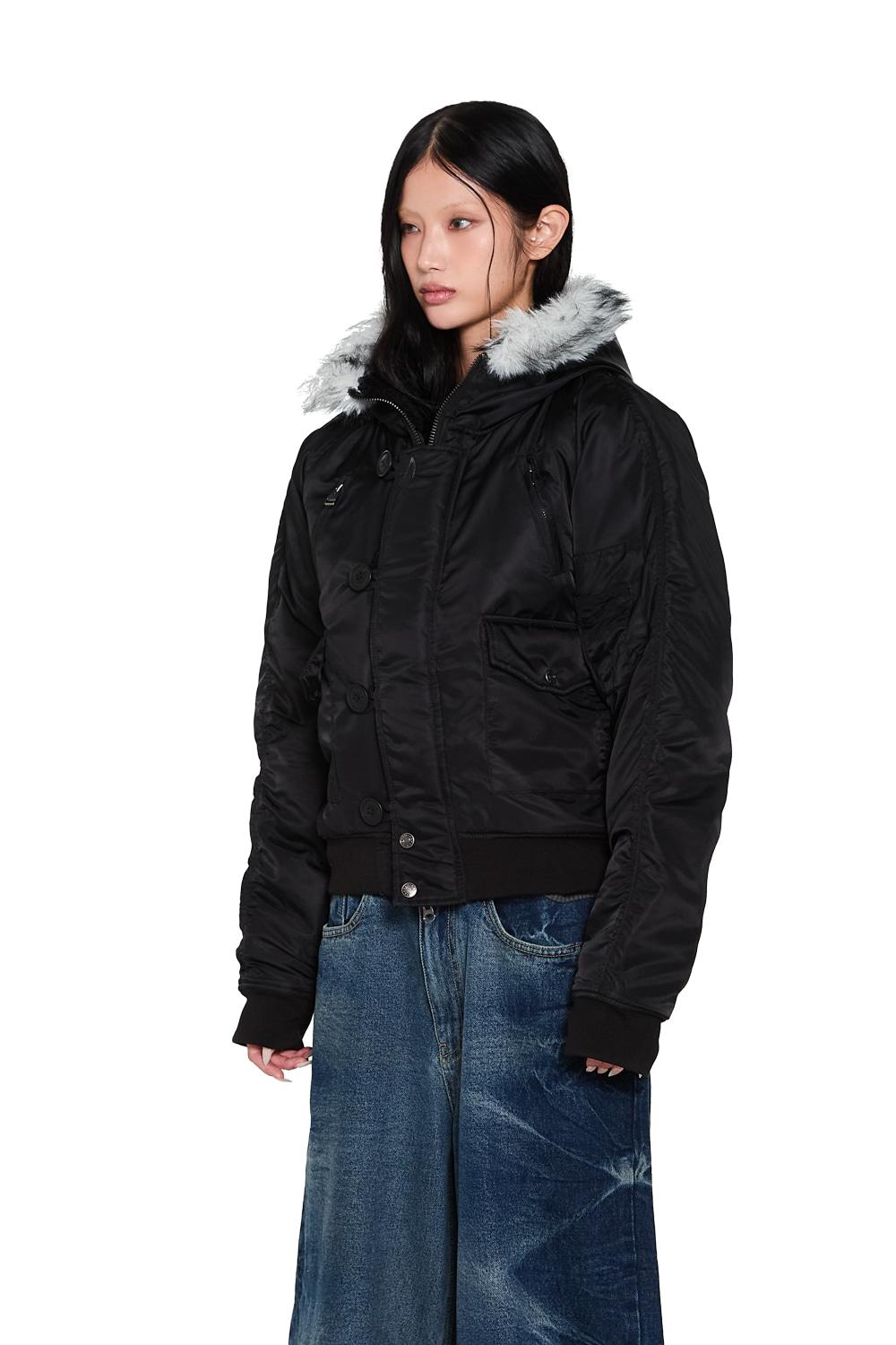 [12.01 예약 배송] Hooded Fur MA-1 Jacket (Black)