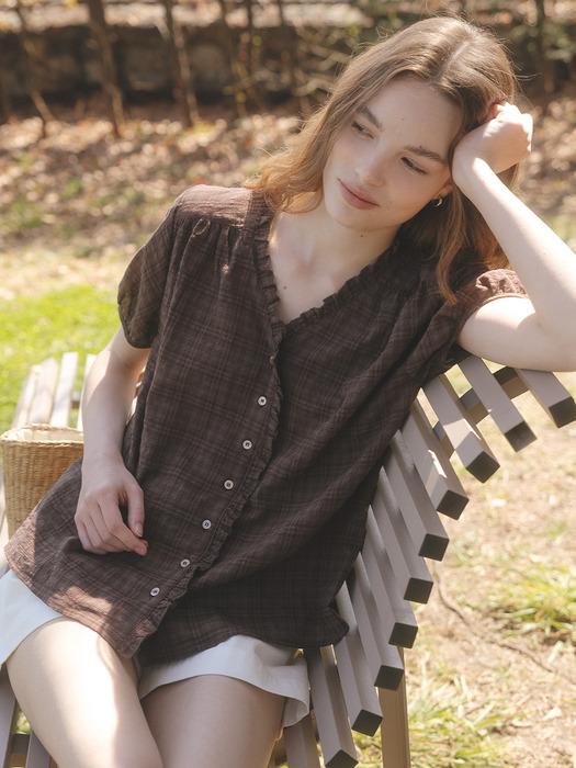 Check frill V-neck blouse [TISU07BL06]_Brown
