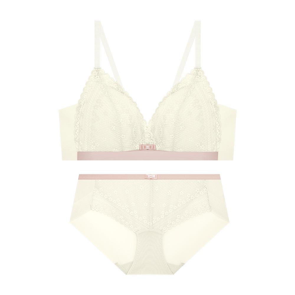 로맨틱 트라이앵글 노와이어 브라 팬티 세트 - 크림