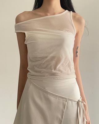 velvet unbal shoulder sleeveless (3color)