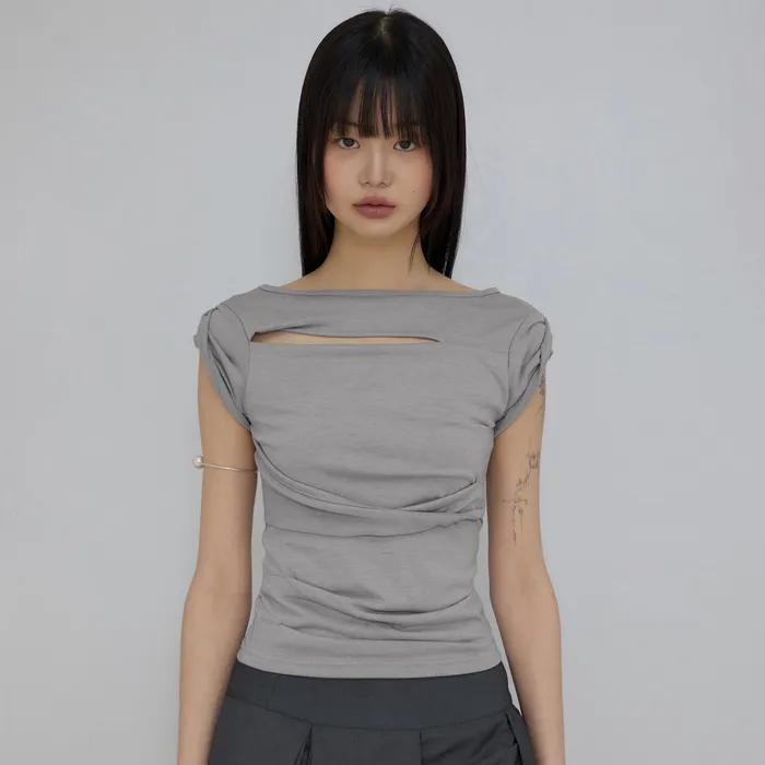 Asymmetrical Draped Roll-Up T-Shirt (FL-165_Gray)