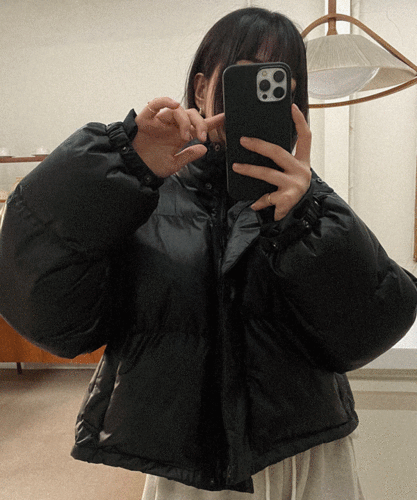 어반 크롭패딩 웰론 무지 하이 터틀넥 유광패딩