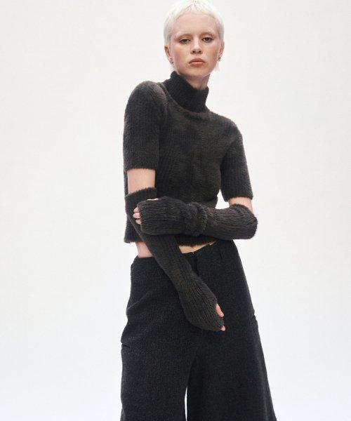 High Neck Half-knit Warmer Set [ Khaki Gray ]