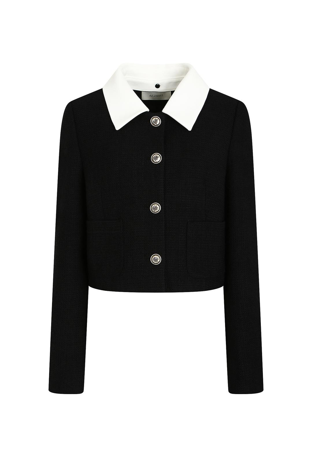 배색 칼라 크롭 트위드 재킷 (BLACK)