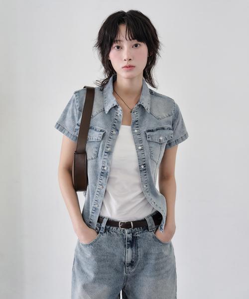 [W]Western Slim Denim Short Shirts DCWSH002LBlueA
