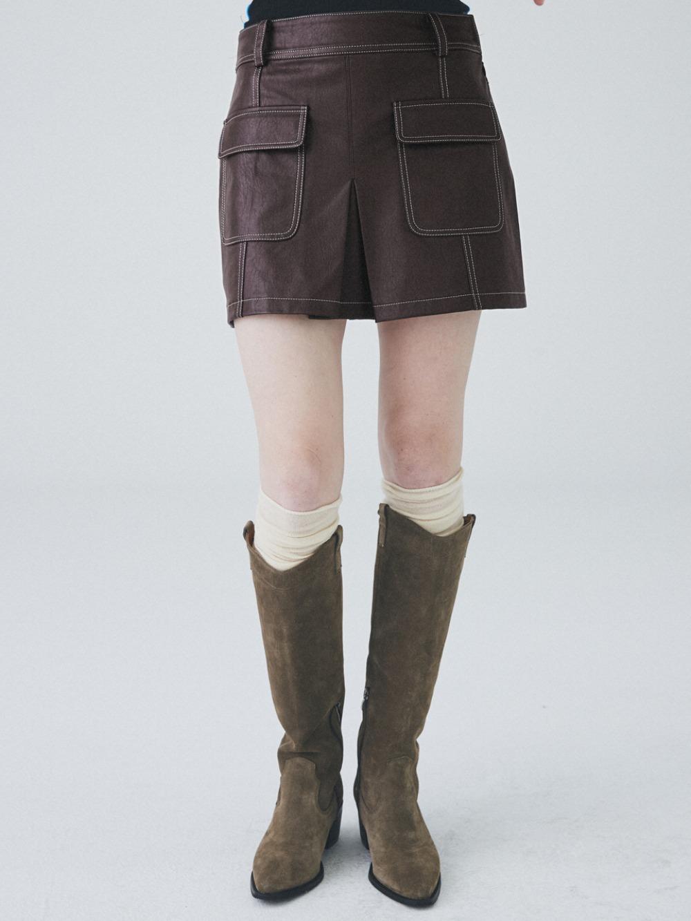 Vegan Leather Stitch Mini Skirt [Brown]