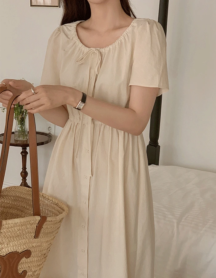 안느 라운드 리본스트랩 매듭 반팔 롱원피스 - 1 Color