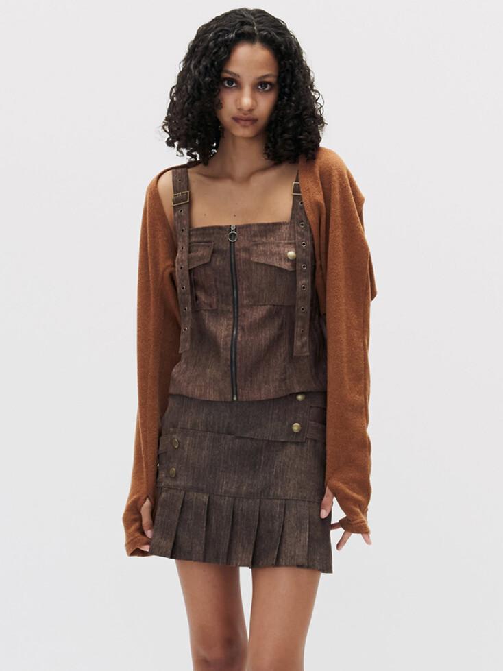 SIGNATURE CROSSOVER FAKE DENIM PLEATS SKIRT BROWN
