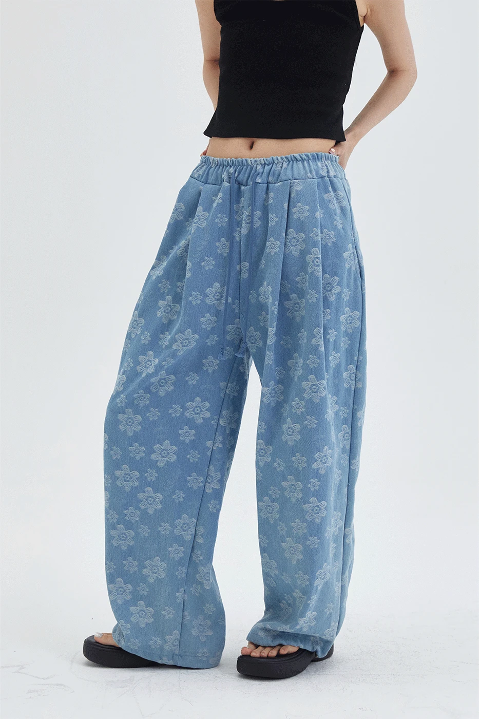 플라워 와이드 밴딩 데님