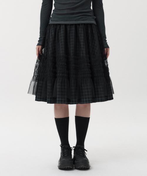 LAYERED SHEER FRILL SKIRT, KHAKI CHECK